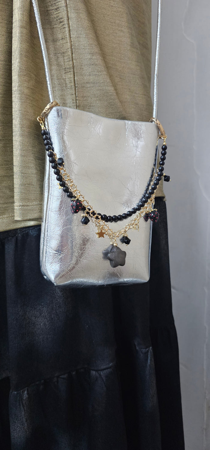 Black Obsidian Star With Strawberry Double Layers Bag Charm