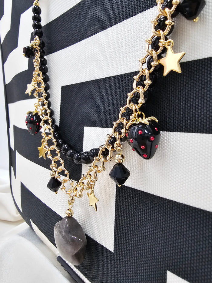 Black Obsidian Star With Strawberry Double Layers Bag Charm