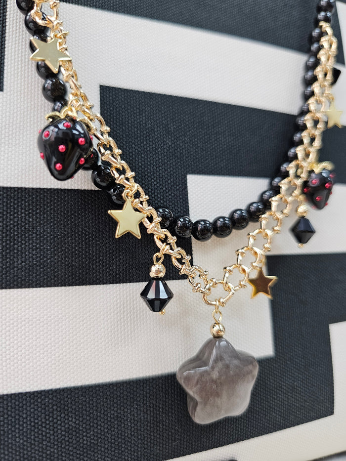 Black Obsidian Star With Strawberry Double Layers Bag Charm