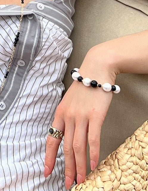 Black Obsidian Stone Platinum Plated Brass Adjustable ring - FARRA