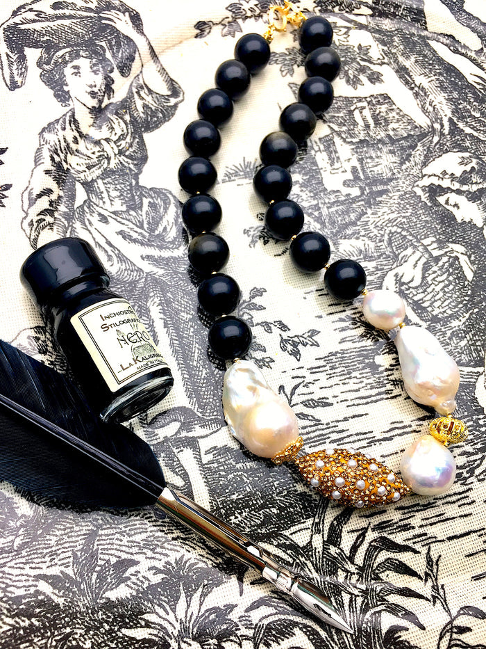 Black Obsidian With Baroque Pearl Gorgeous Necklace CN047 - FARRA