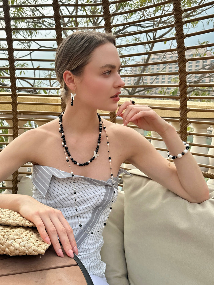 Black Obsidian With Freshwater Pearls Long Necklace LN074 - FARRA