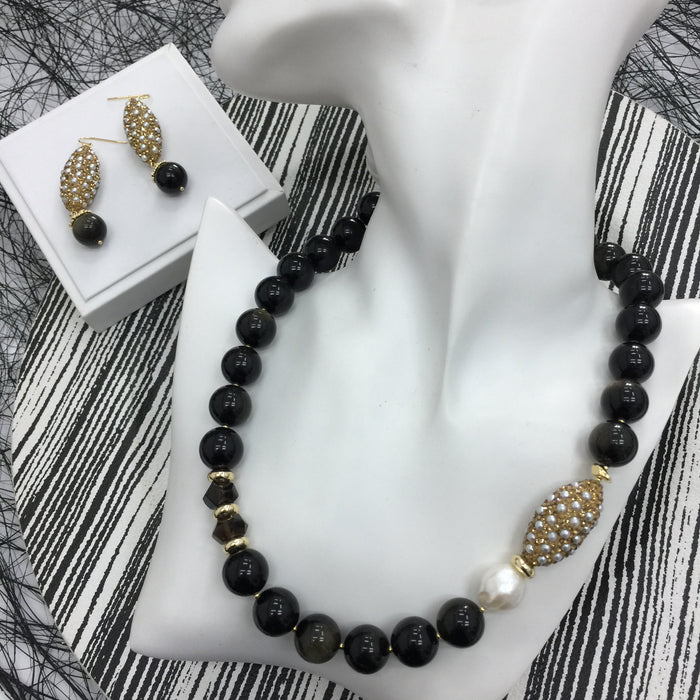 Black Obsidian With Freshwater Pearls Statement Necklace AN024 - FARRA
