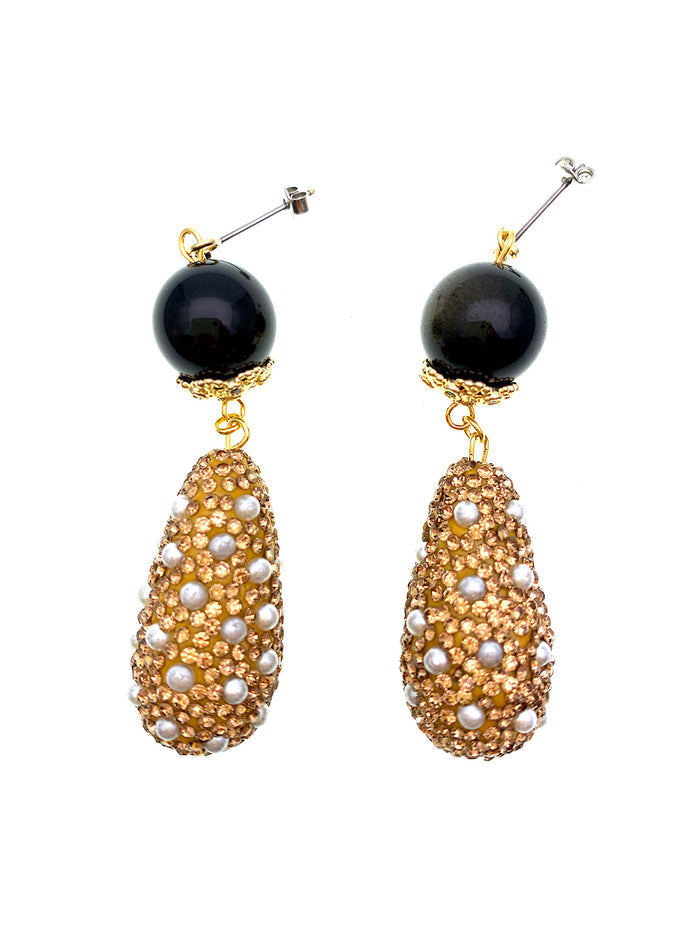 Black Obsidian With Rhinestones Dangle Earrings FE022 - FARRA