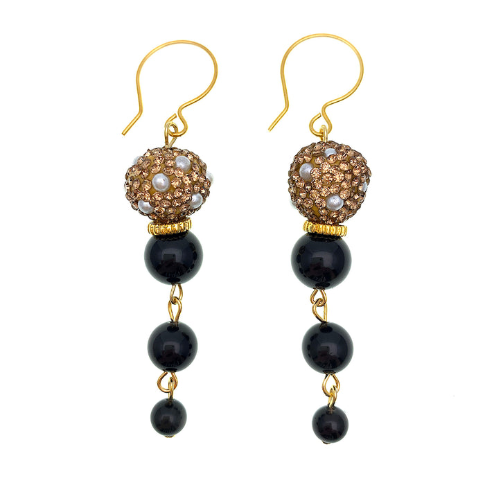 Black Obsidian With Rhinestones Dangle Earrings FE023 - FARRA