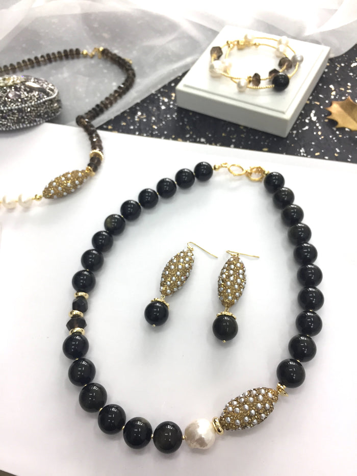 Black Obsidian With Rhinestones Statement Earrings AE016 - FARRA