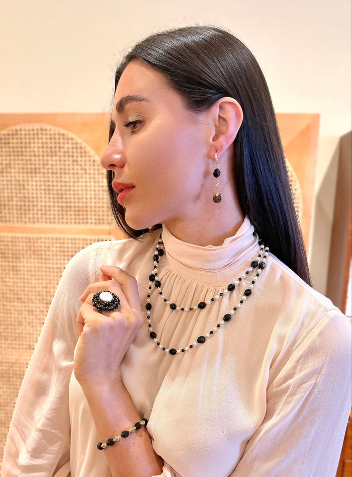 Black Obsidian With Smoky Quartz Dangle Earrings SE029