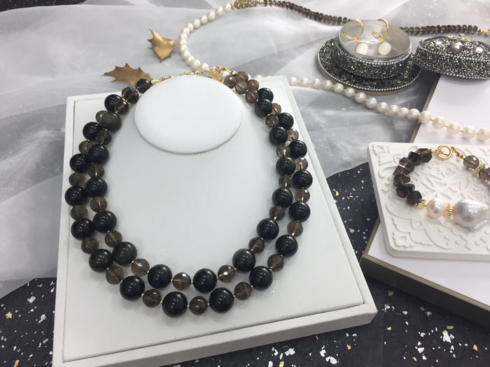 Black Obsidian With Smoky Quartz Double Strands Necklace AN022 - FARRA