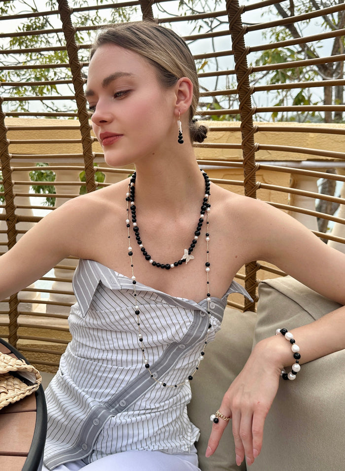 Black Obsidian with White Butterfly Charm Statement Necklace LN069 - FARRA