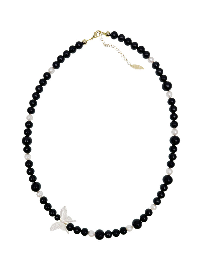 Black Obsidian with White Butterfly Charm Statement Necklace LN069 - FARRA
