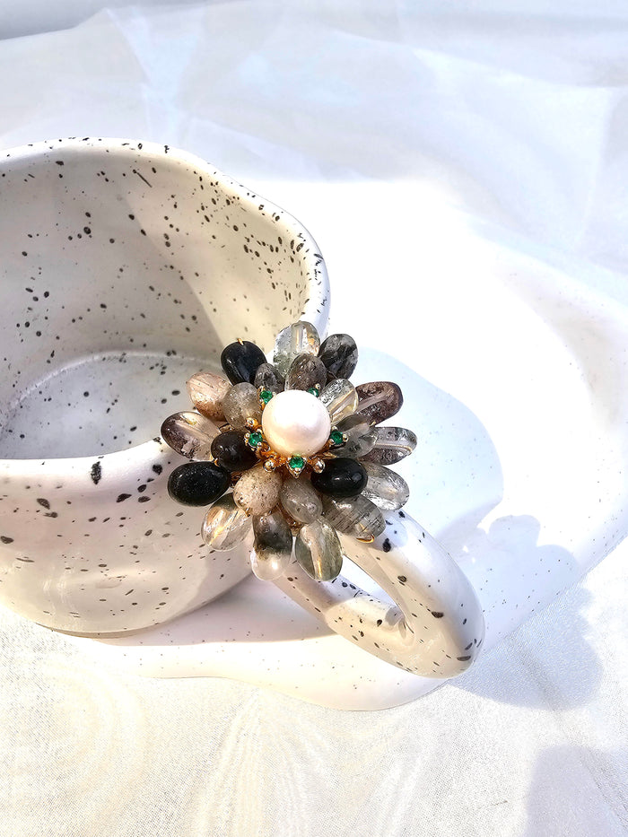 Black Phantom Quartz Floral Brooch QP008