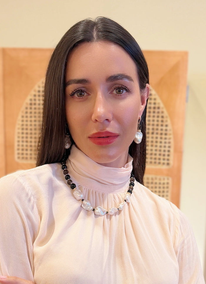 Black Quartz And Obsidian With Baroque Pearl Statement Necklace SN046