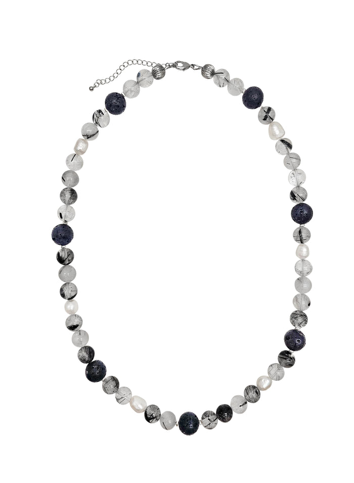 Black Rutilated Quartz With Lava Stone And Pearls Necklace MEN16