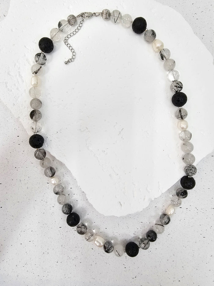 Black Rutilated Quartz With Lava Stone And Pearls Necklace MEN16