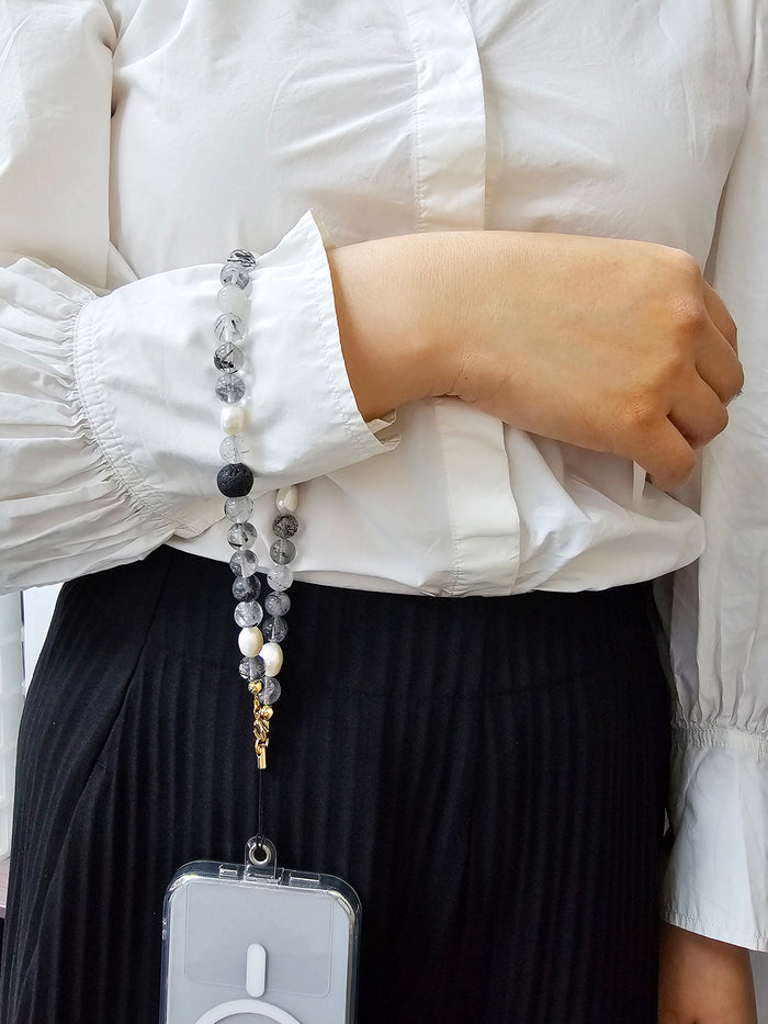Black Rutilated Quartz With Lava Stone And Pearls Phone Strap PC016