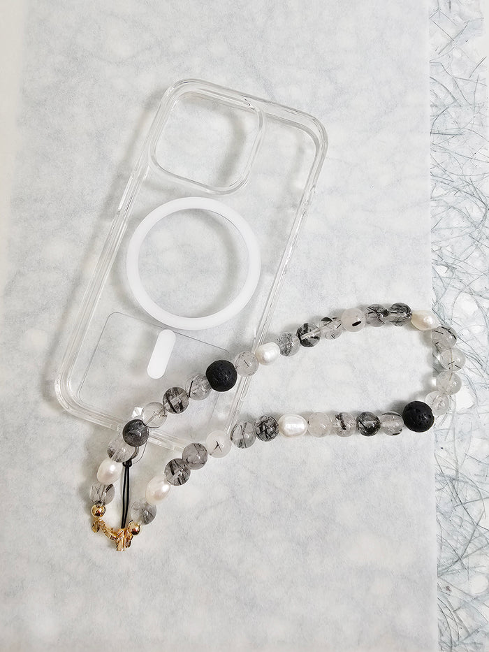 Black Rutilated Quartz With Lava Stone And Pearls Phone Strap PC016