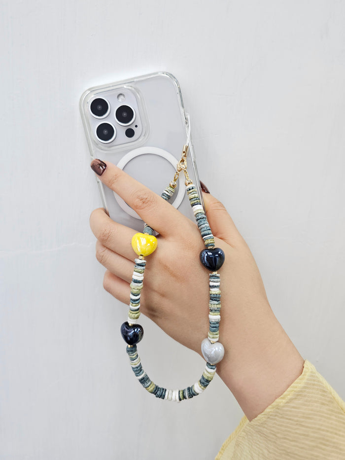 Black Shell With Ceramic Hearts Artistic Phone Strap PC058