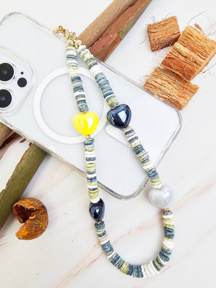 Black Shell With Ceramic Hearts Artistic Phone Strap PC058