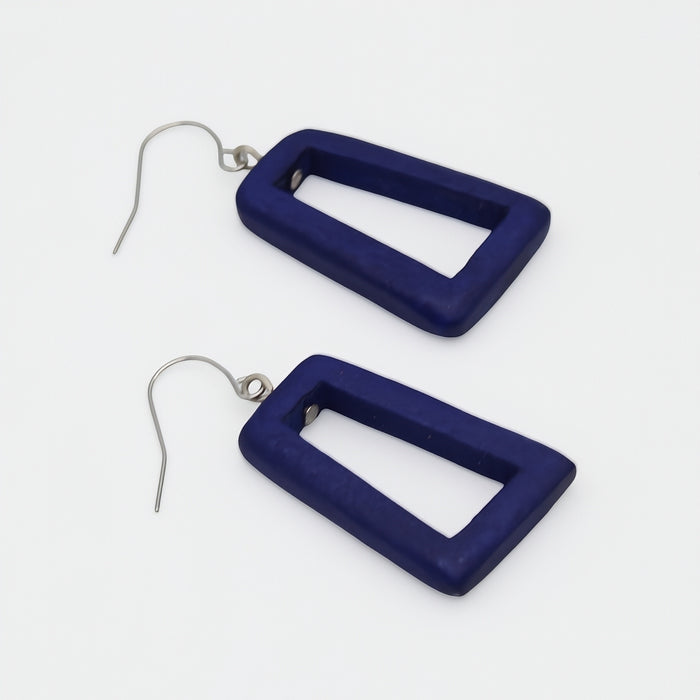 Navy blue rectangular earrings on a white background