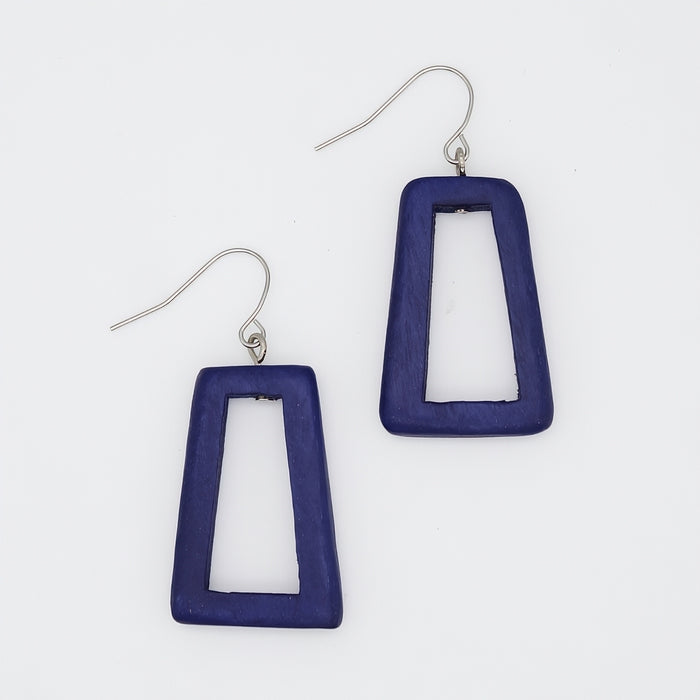 Navy blue rectangular earrings with silver hooks on a white background