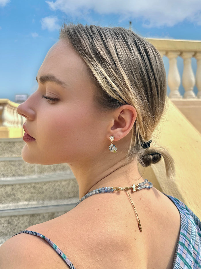 Blue Flower Dangle With Pearls Stud Earrings LE022 - FARRA