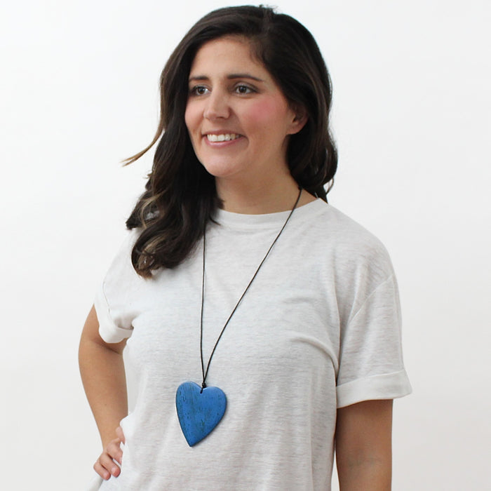 Blue Gabi Heart Wood Necklace - Sylca Designs - Chunky Jewelry