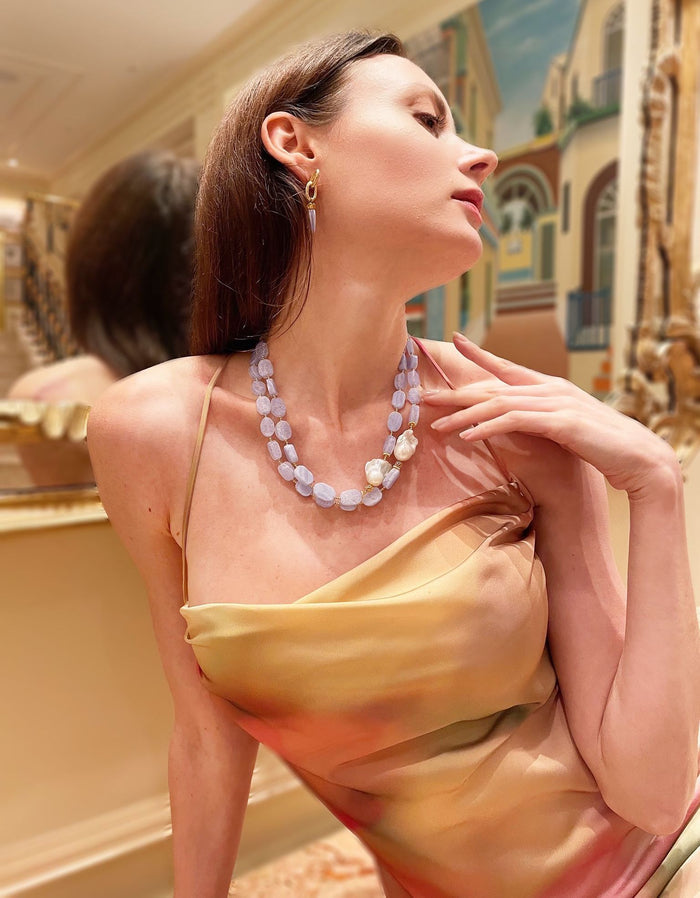 Blue Lace Agate With Baroque Pearls Double Strands Necklace GN023 - FARRA