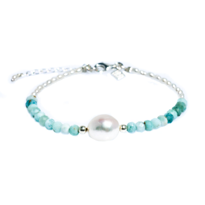 “Keshi pearl and larimar bracelet inspired by tropical blue lagoons designed in Broome Western Australia”