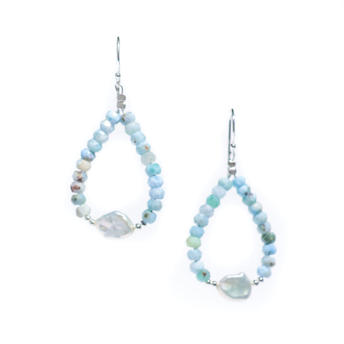 Blue Lagoon larimar and keshi pearl earrings in sterling silver