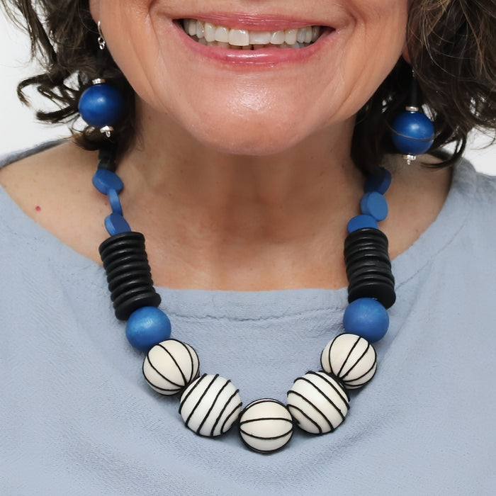Blue Maris Threaded Ball Statement Necklace - Sylca Designs - Chunky Jewelry