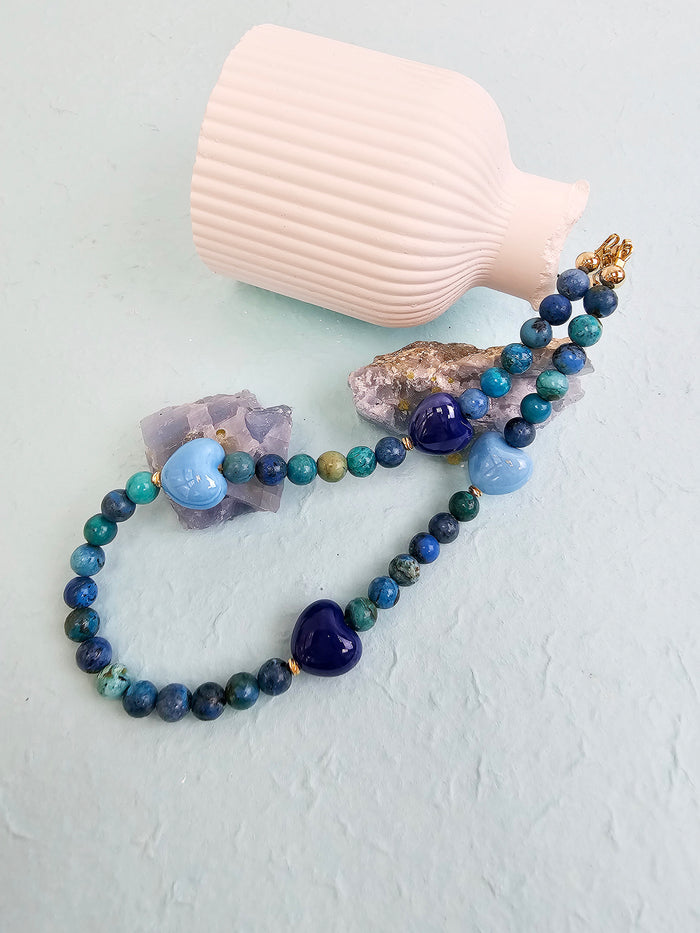 Blue Opal Gemstone With Blue Ceramic Hearts Phone Strap PC049
