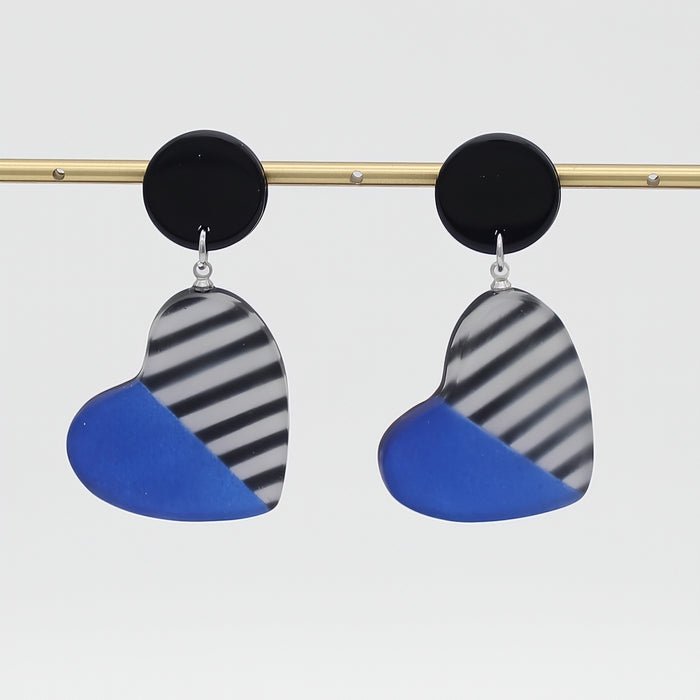 Blue Stripe Frosted Heartstrings Earring - Sylca Designs - Chunky Jewelry