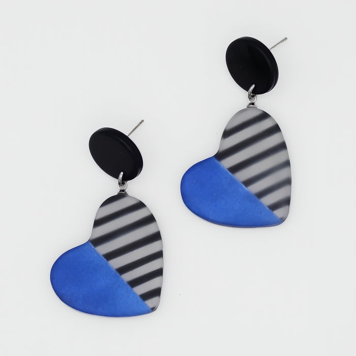 Blue Stripe Frosted Heartstrings Earring - Sylca Designs - Chunky Jewelry