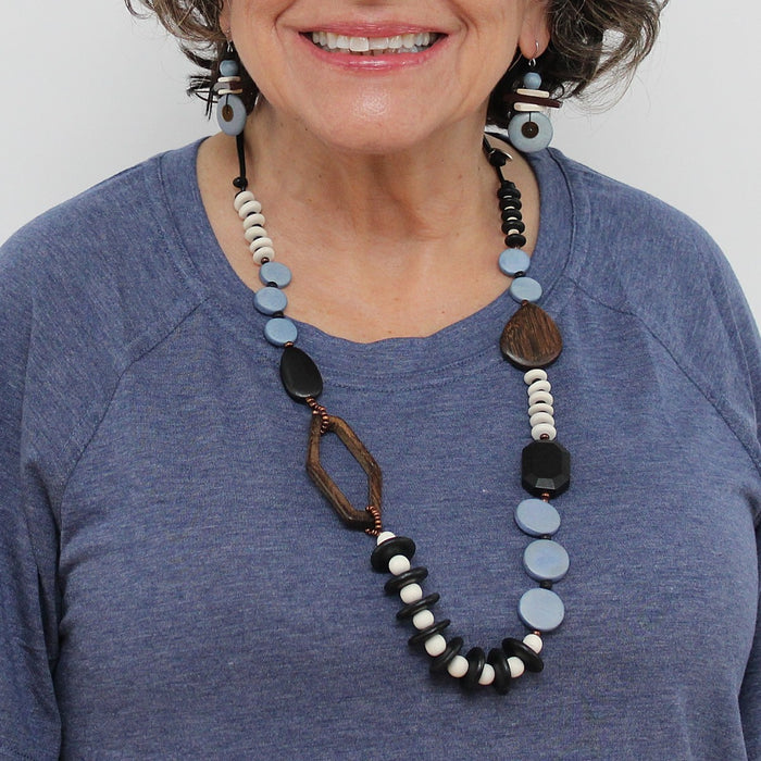 Blue Wood Bead Gabby Necklace - Sylca Designs - Chunky Jewelry