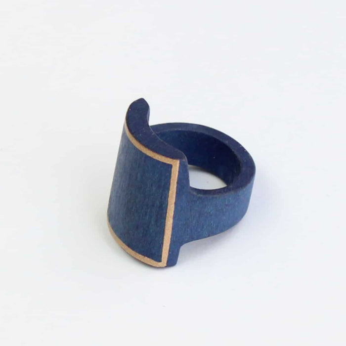 Blue Wooden Ring with Gold Trim - Sylca Designs - Chunky Jewelry