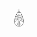 A silver teardrop-shaped pendant featuring a tree of life design with a vase-like trunk