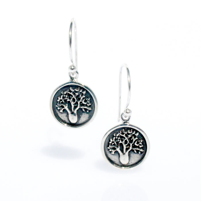 Boab Tree oxide hook earrings in 925 sterling silver with raised tree detail designed in Broome Western Australia