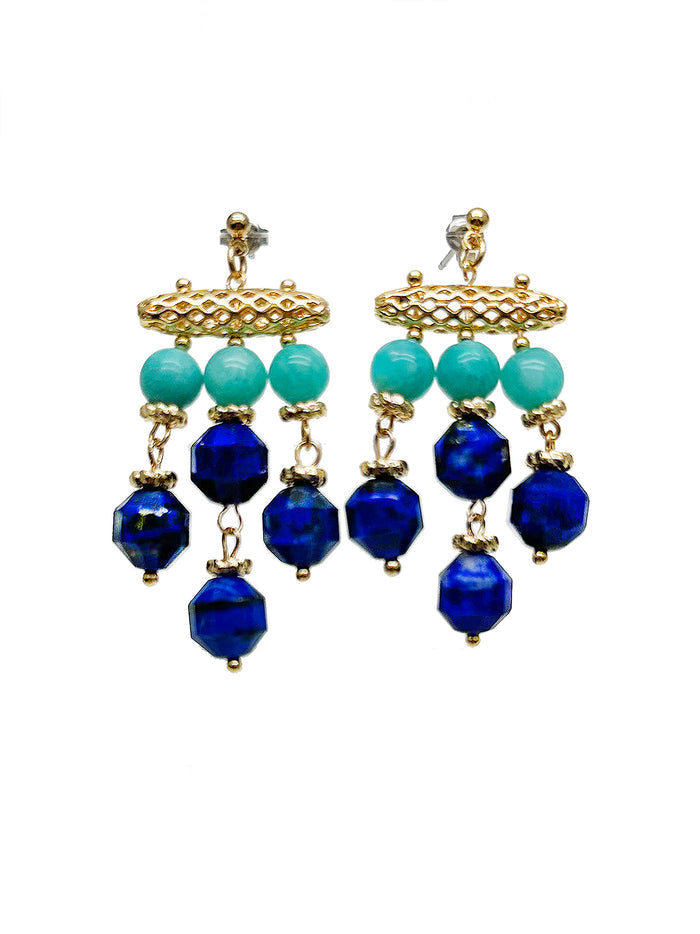 Bohemia Style Green Amazoniite and Lapis Tassel Earrings JE042 - FARRA