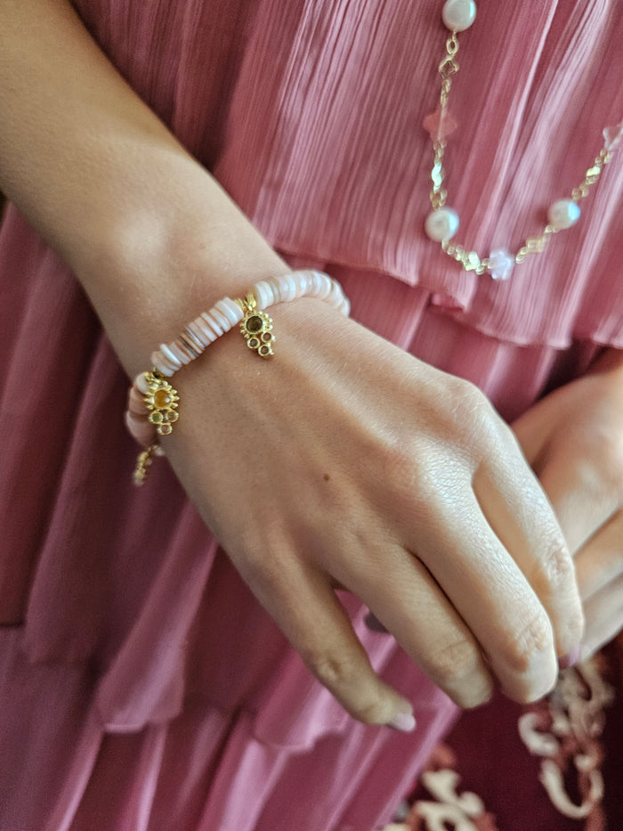 Bohemian Pink Shell With Gemstone Charms Bracelet RB010