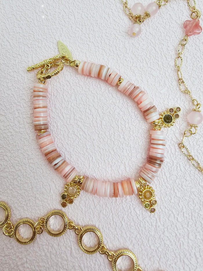Bohemian Pink Shell With Gemstone Charms Bracelet RB010
