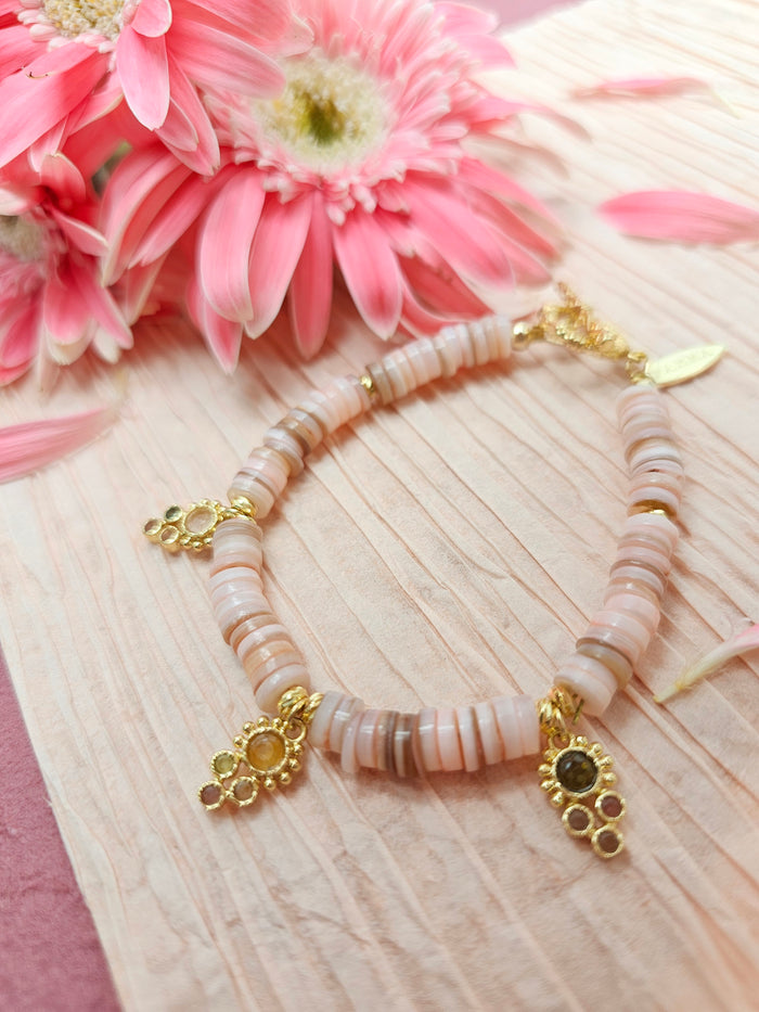 Bohemian Pink Shell With Gemstone Charms Bracelet RB010