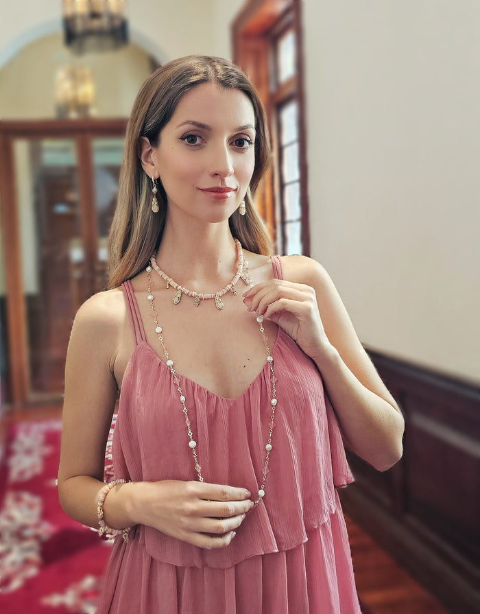 Bohemian Pink Shell With Rose Quartz Pendant Necklace RN014