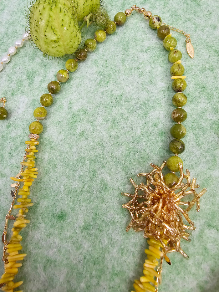 Boho Chic Green Opal And Yellow Bamboo Coral With Removable Pin Necklace SN033