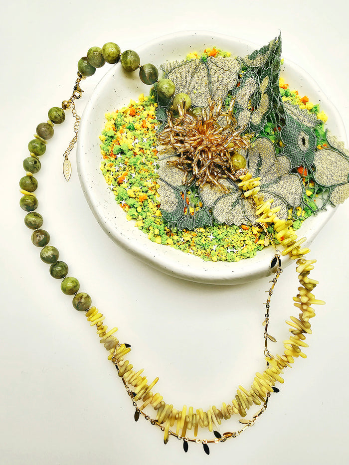 Boho Chic Green Opal And Yellow Bamboo Coral With Removable Pin Necklace SN033