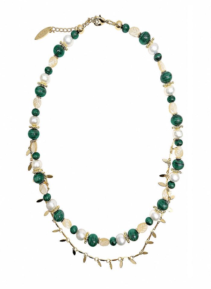 Boho Chic Malachite With Leaves Shell And Pearls Layered Necklace SN028