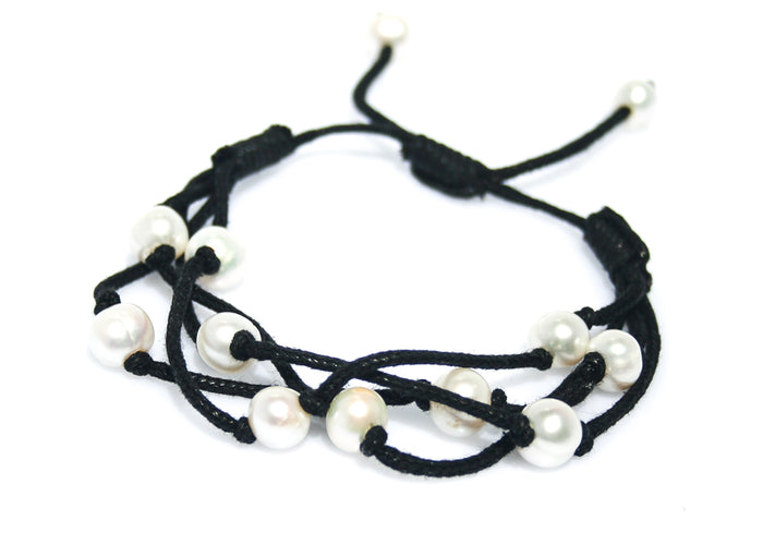 Boho Pearl Bracelet with genuine freshwater pearls on black braided cord