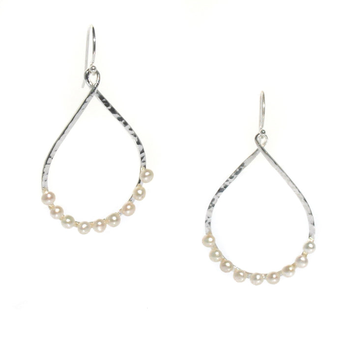 Boho Pearl Loop earrings in 925 sterling silver with hammered open loop and freshwater pearls designed in Broome Western Australia
