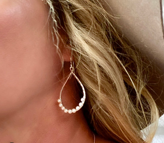 Boho Pearl Loop earrings in 925 sterling silver with hammered open loop and freshwater pearls designed in Broome Western Australia