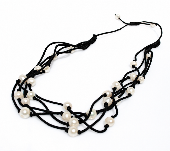 Boho Pearl Necklace with genuine freshwater pearls on black braided cord