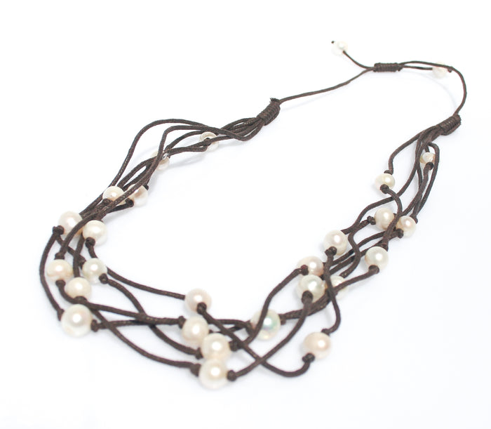 Boho Pearl Necklace with genuine freshwater pearls on brown braided cord